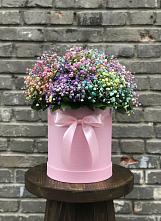 Цветочная композиция из Гипсофила и Розы в шляпной коробке в Знаменском Краснодарский край