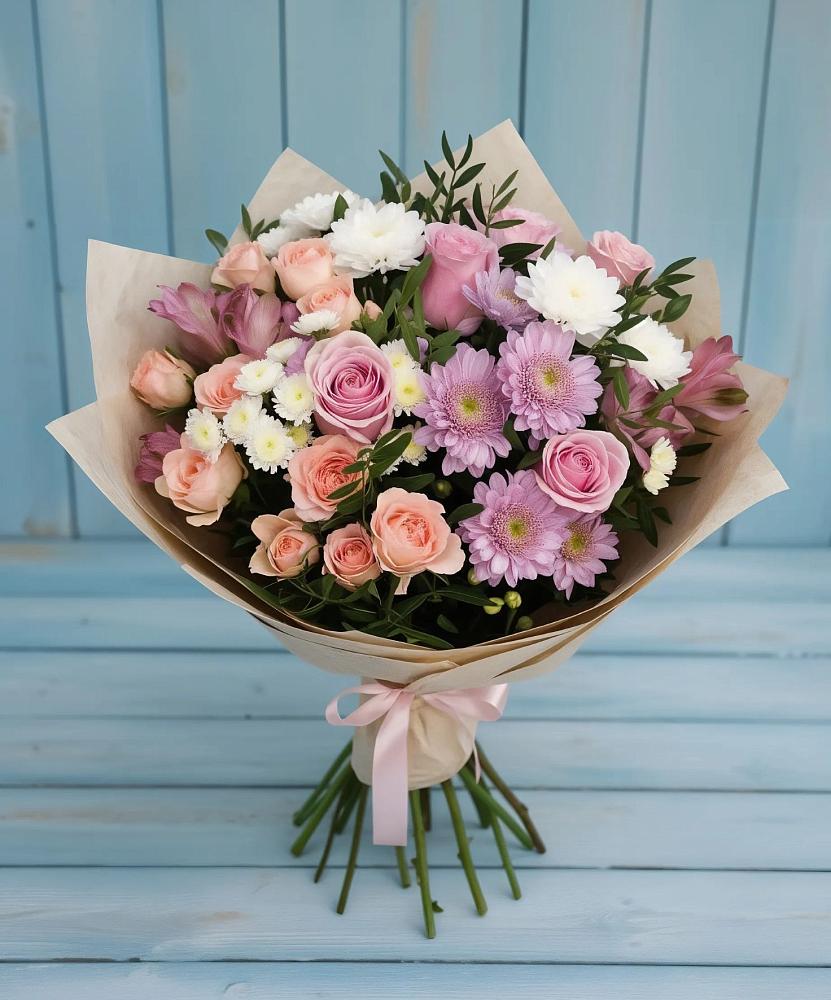 Букет цветов из: Хризантемы, Розы и Альстромерии в Знаменском Краснодарский край
