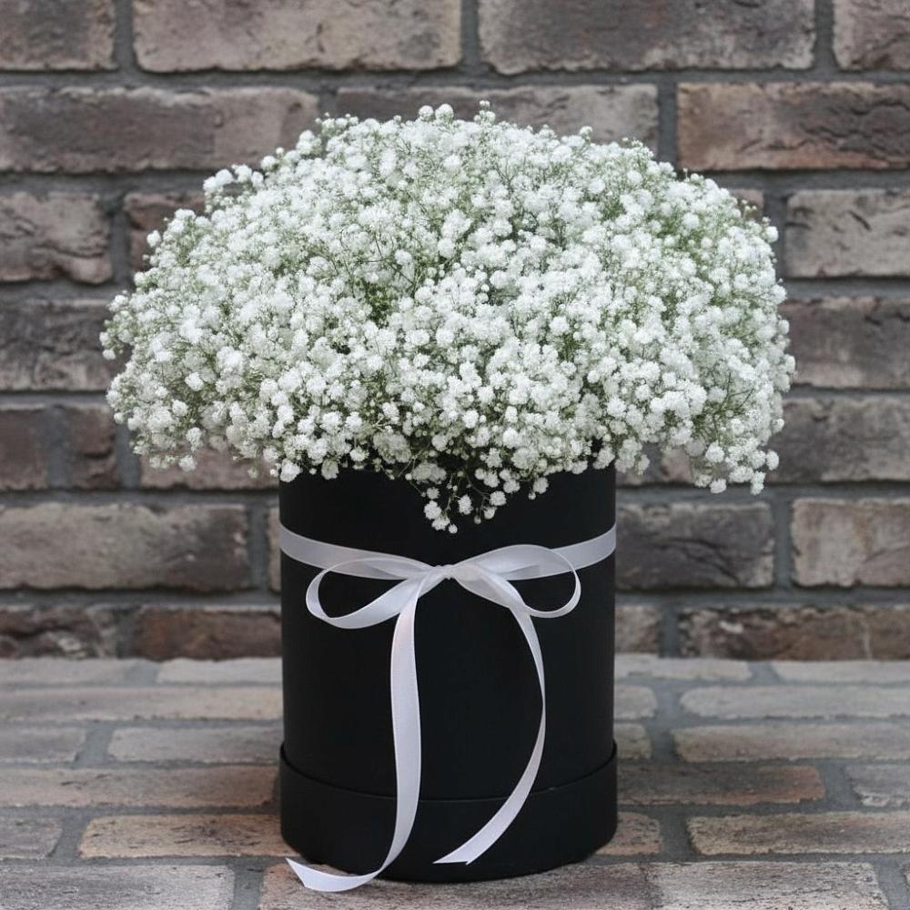 Цветочная композиция из Гипсофила в шляпной коробке в Знаменском Краснодарский край