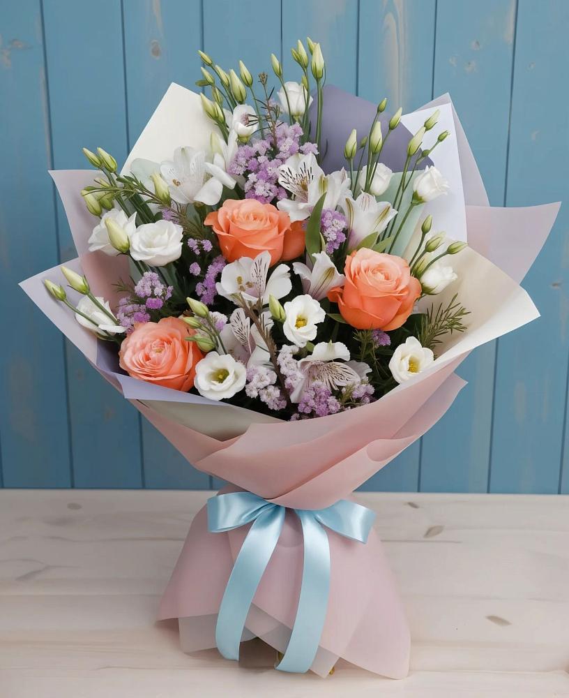 Букет цветов из: Лизиантусы, Розы, Альстромерии и Гипсофила в Знаменском Краснодарский край