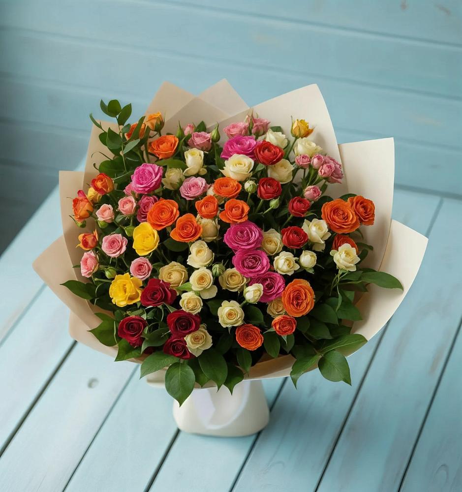 Букет Микс из разноцветных кустовых роз в Знаменском Краснодарский край