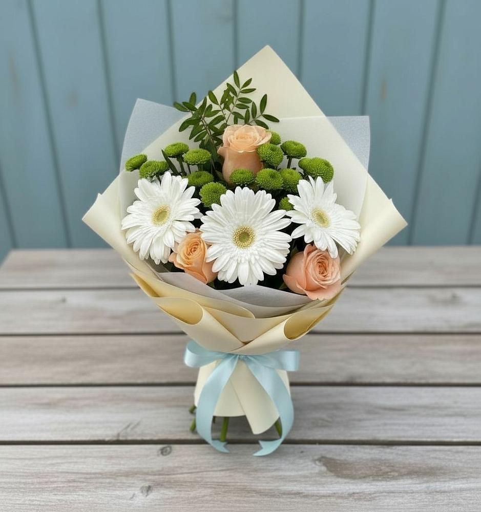 Букет цветов из: Герберы, Розы и Хризантемы в Знаменском Краснодарский край
