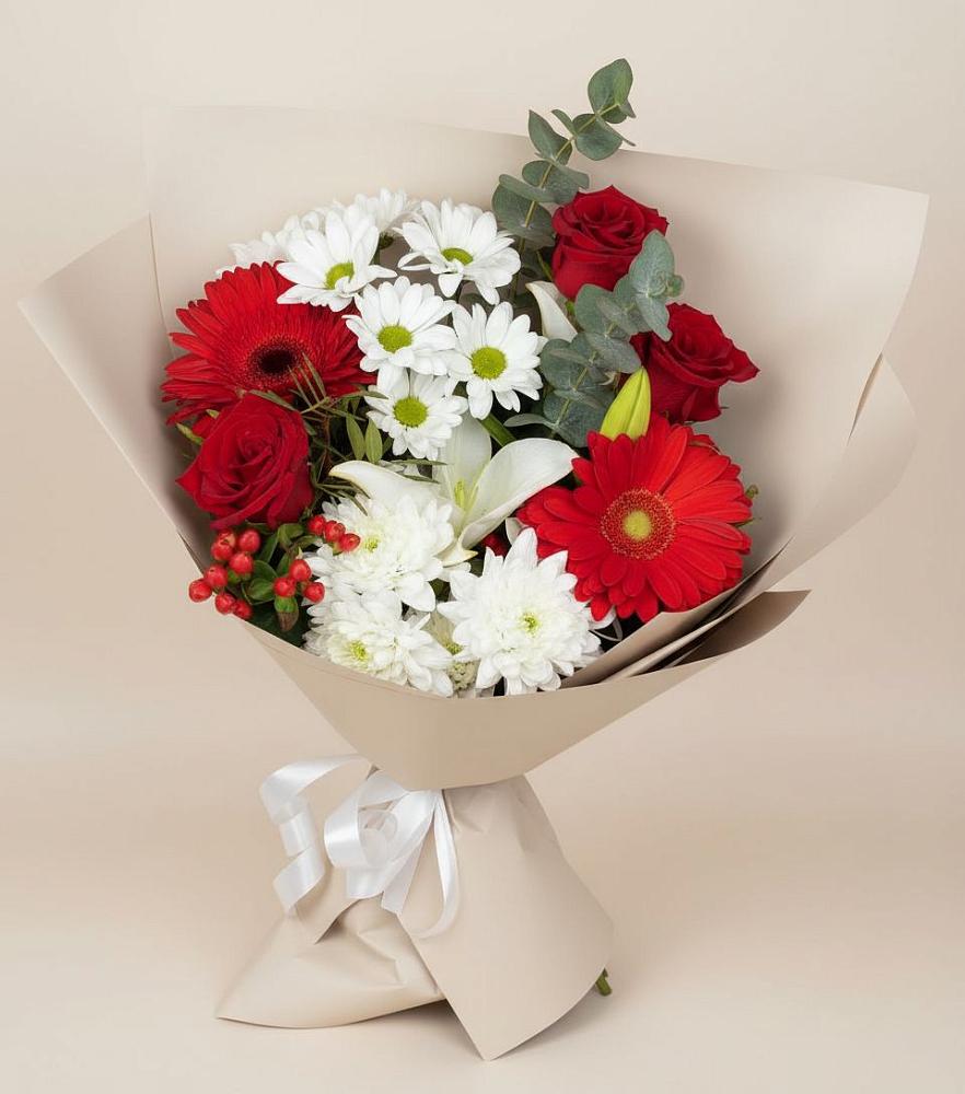 Букет цветов из: Розы, Хризантемы, Герберы и Лилии в Знаменском Краснодарский край
