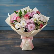 Букет цветов из:  Хризантемы, Альстромерии и Розы в Знаменском Краснодарский край