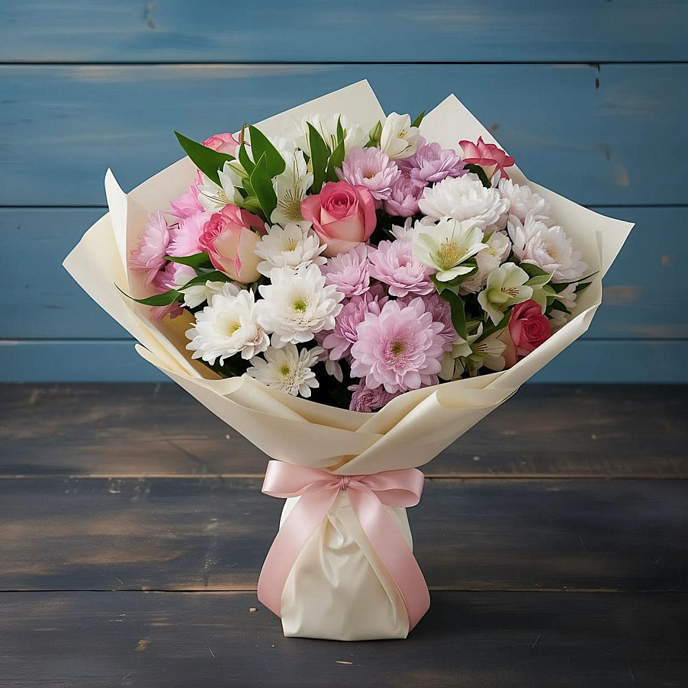 Букет цветов из: Хризантемы, Альстромерии и Розы в Знаменском Краснодарский край